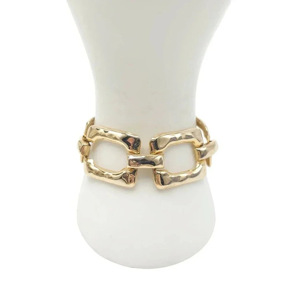 Hammered Square Chunky Link Bracelet Foldover Closure Gold Tone Vintage